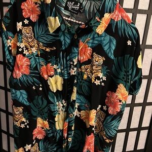 Hell Bunny Black and Orange Casual Button Down Shirt with Tropical Print